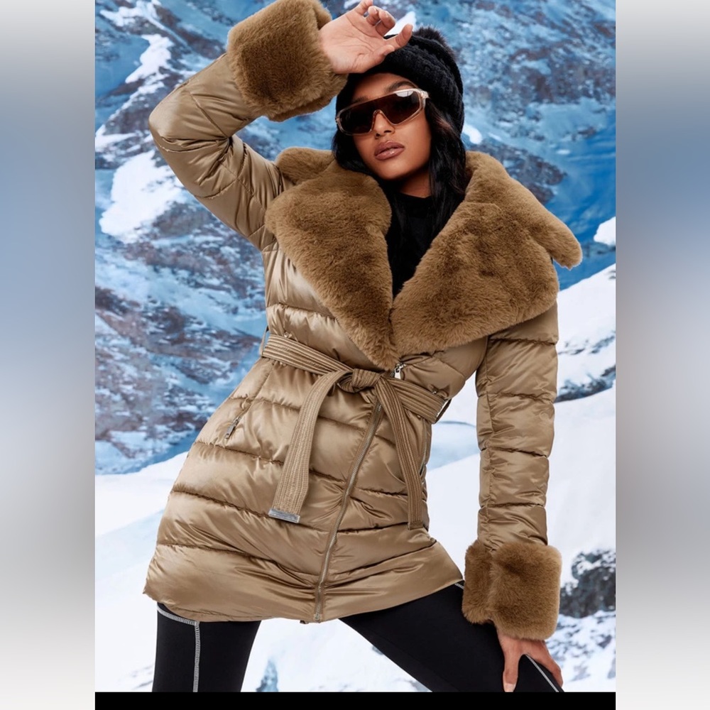 Shein Zip Pocket Contrast Teddy Borg Collar Belted Puffer Coat Sz Medium